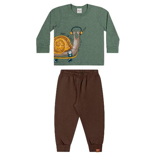 CONJ CAMISETA MANGA LONGA RAJADA CARACOL E CALCA MOLETOM